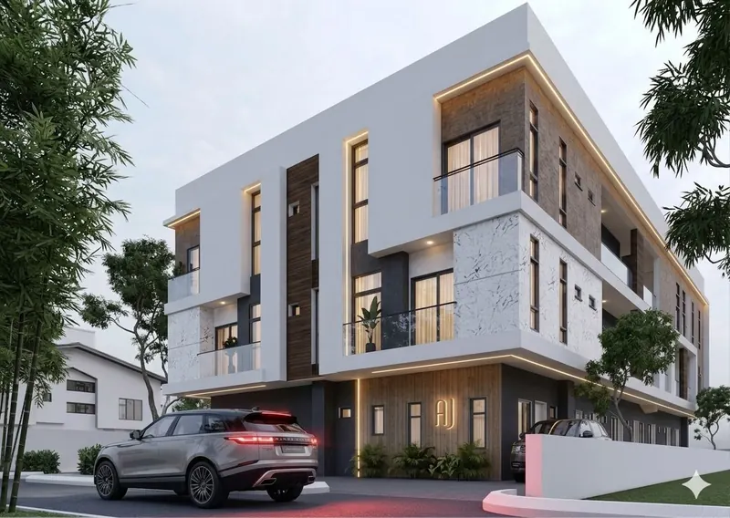 AI-enhanced dusk view of the apartment building