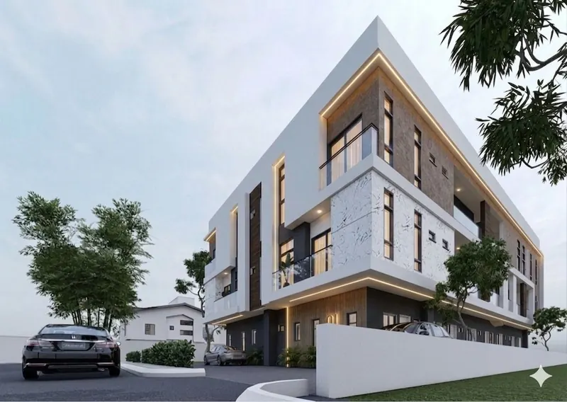 AI-enhanced dusk view of the apartment building from another angle