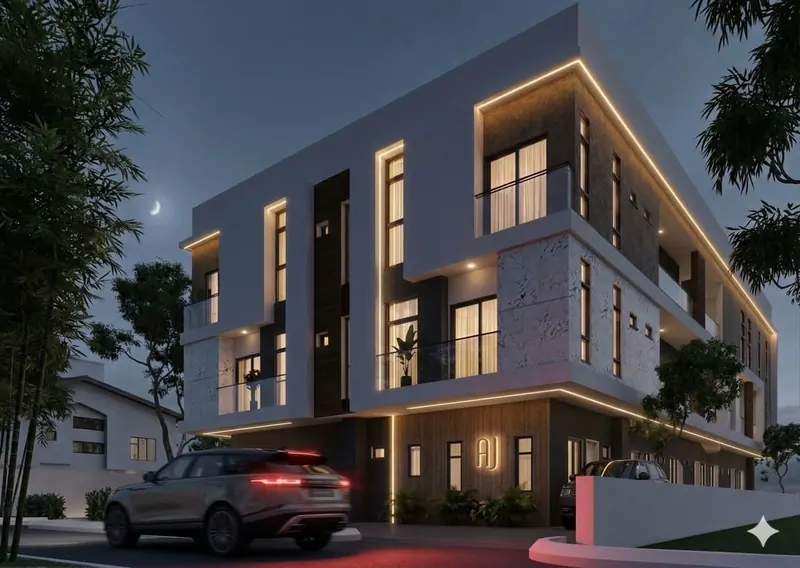 AI-enhanced night view of the apartment building from another angle