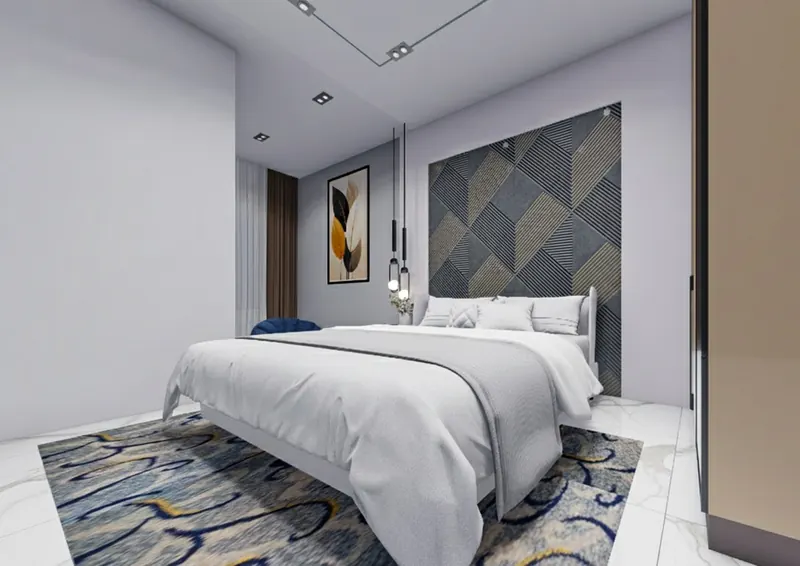 Bedroom with a geometric feature wall
