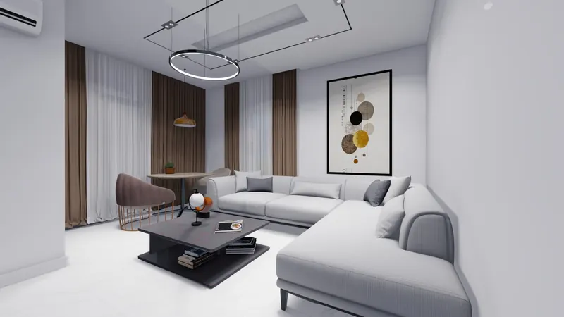 Living room of an apartment with an L-shaped sofa