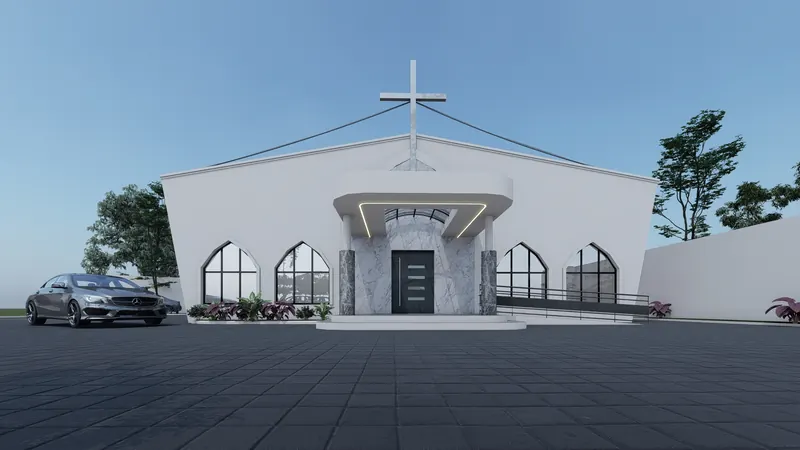 Front entrance of the proposed church auditorium with a canopy and access ramp