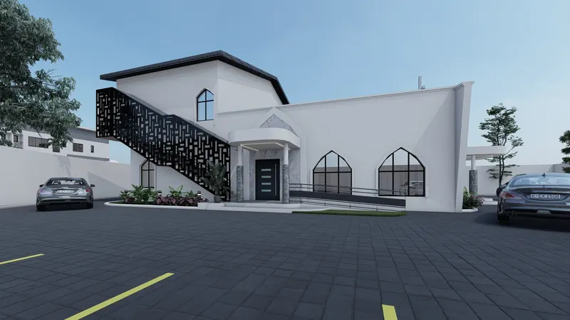 Side entrance and decorative staircase of the proposed church auditorium